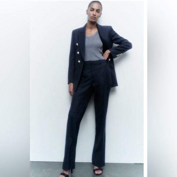 Zara PINSTRIPE SLIM FIT PANTS NAVY BLUE - Picture 2 of 8